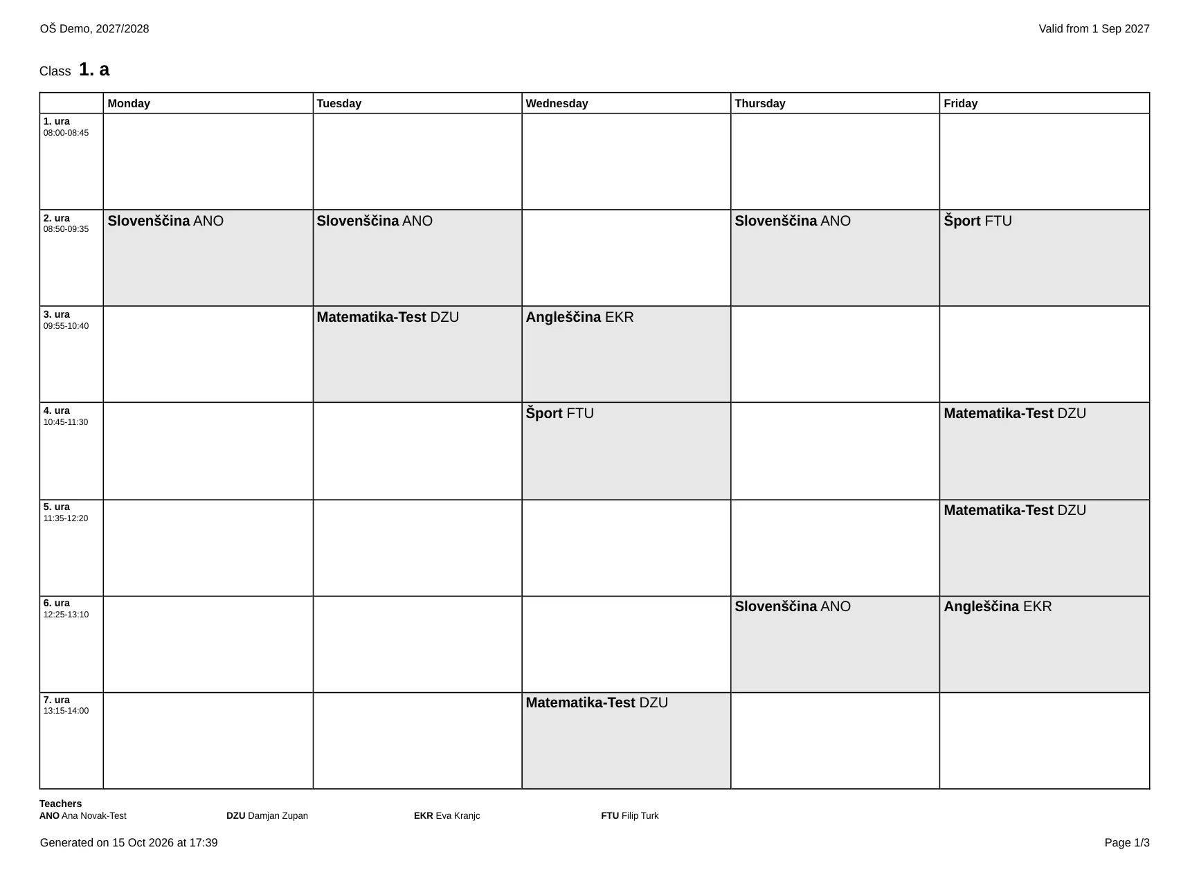 First page of an exported PDF with the timetable of class 1A in black on white