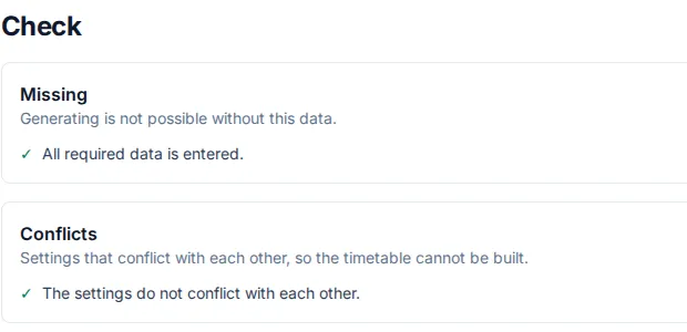 Data check before generating, with the sections Missing and Conflicts